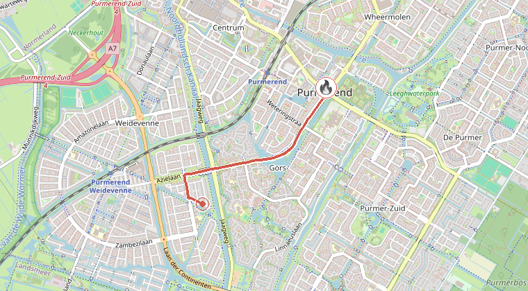 Kaart van de omgeving van de melding, met de kazerne die is gealarmeerd