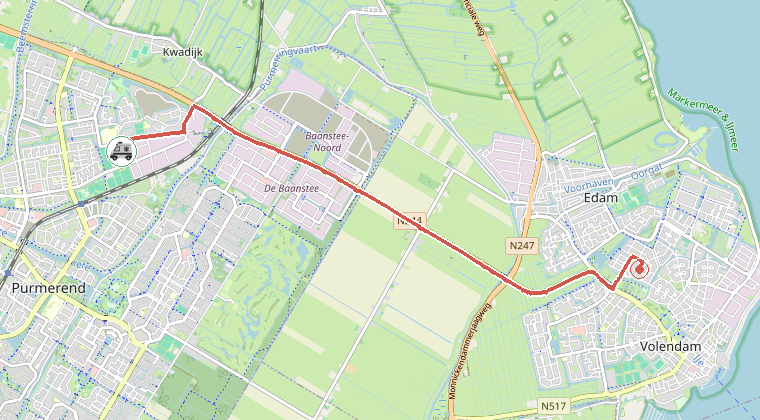Kaart van de omgeving van de melding, met de kazerne die is gealarmeerd