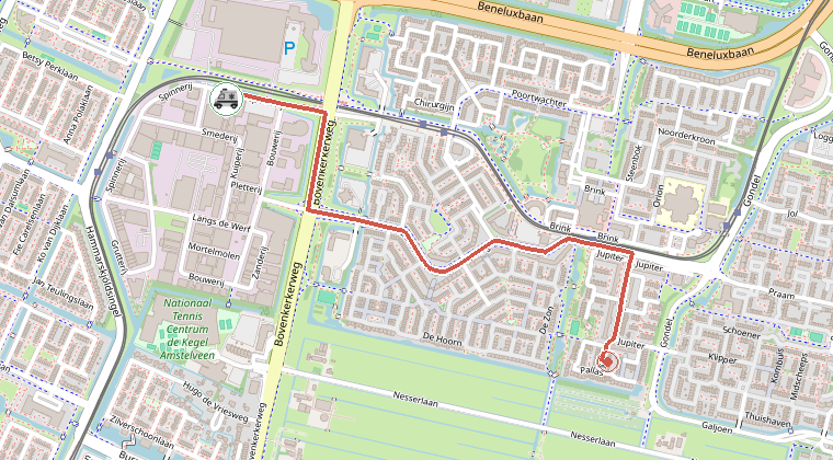 Kaart van de omgeving van de melding, met de kazerne die is gealarmeerd