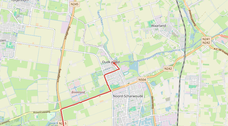 Kaart van de omgeving van de melding, met de kazerne die is gealarmeerd