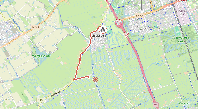 Kaart van de omgeving van de melding, met de kazerne die is gealarmeerd