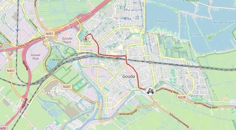 Kaart van de omgeving van de melding, met de kazerne die is gealarmeerd