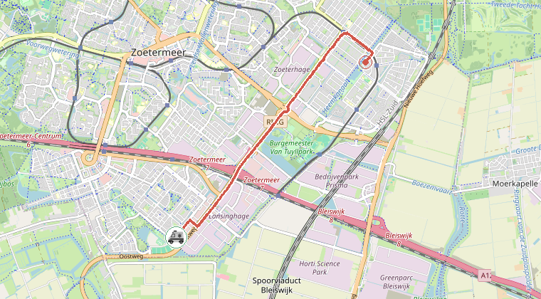 Kaart van de omgeving van de melding, met de kazerne die is gealarmeerd
