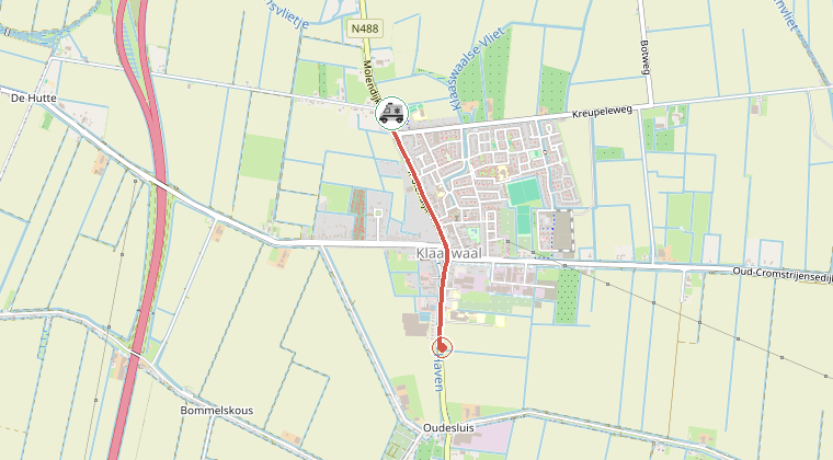 Kaart van de omgeving van de melding, met de kazerne die is gealarmeerd