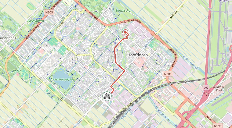Kaart van de omgeving van de melding, met de kazerne die is gealarmeerd