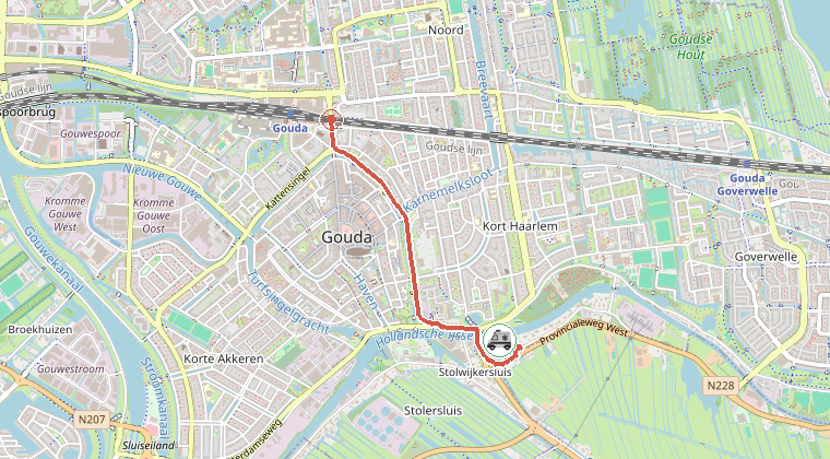 Kaart van de omgeving van de melding, met de kazerne die is gealarmeerd