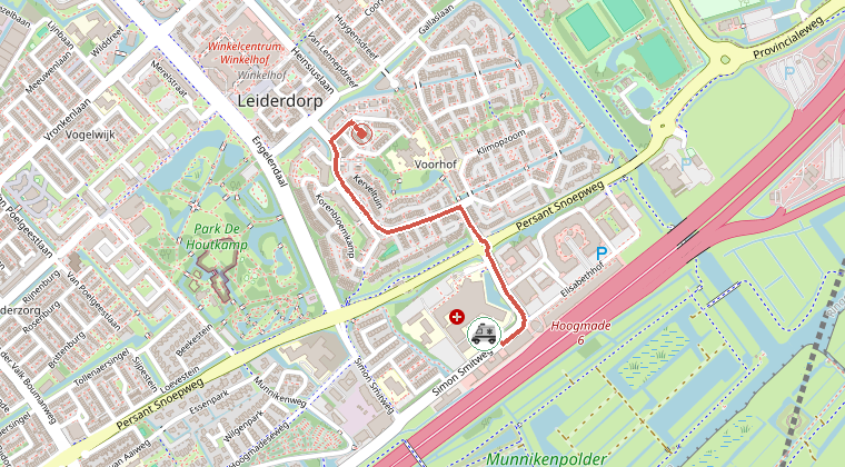 Kaart van de omgeving van de melding, met de kazerne die is gealarmeerd