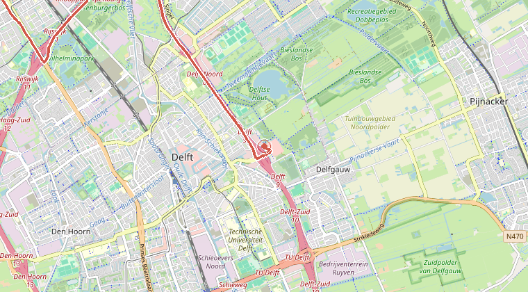 Kaart van de omgeving van de melding, met de kazerne die is gealarmeerd