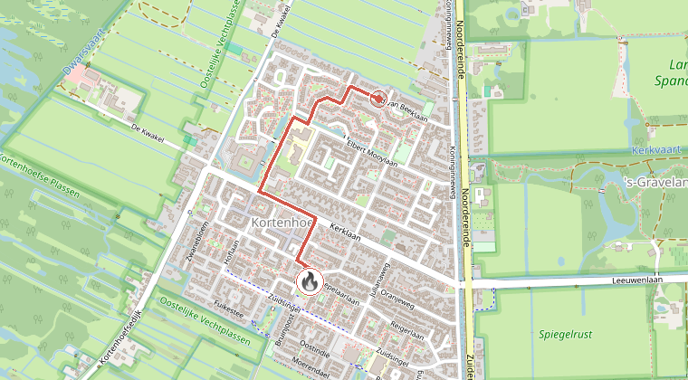 Kaart van de omgeving van de melding, met de kazerne die is gealarmeerd