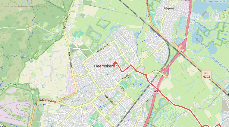 Kaart van de omgeving van de melding, met de kazerne die is gealarmeerd