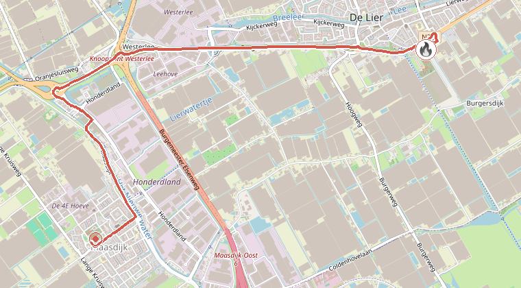 Kaart van de omgeving van de melding, met de kazerne die is gealarmeerd