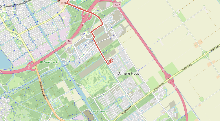 Kaart van de omgeving van de melding, met de kazerne die is gealarmeerd