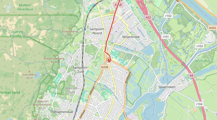 Kaart van de omgeving van de melding, met de kazerne die is gealarmeerd