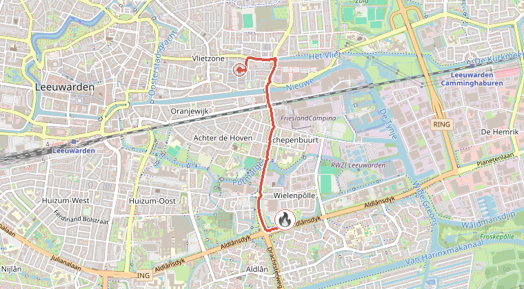 Kaart van de omgeving van de melding, met de kazerne die is gealarmeerd