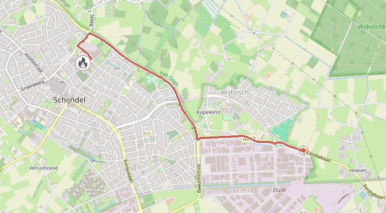 Kaart van de omgeving van de melding, met de kazerne die is gealarmeerd