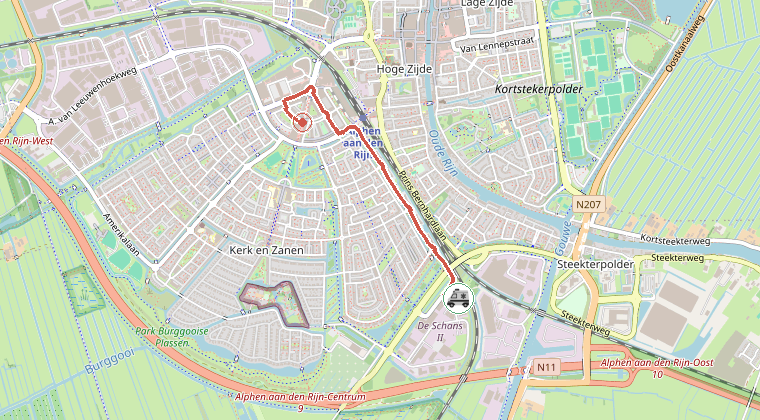 Kaart van de omgeving van de melding, met de kazerne die is gealarmeerd
