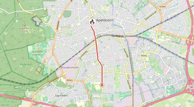 Kaart van de omgeving van de melding, met de kazerne die is gealarmeerd