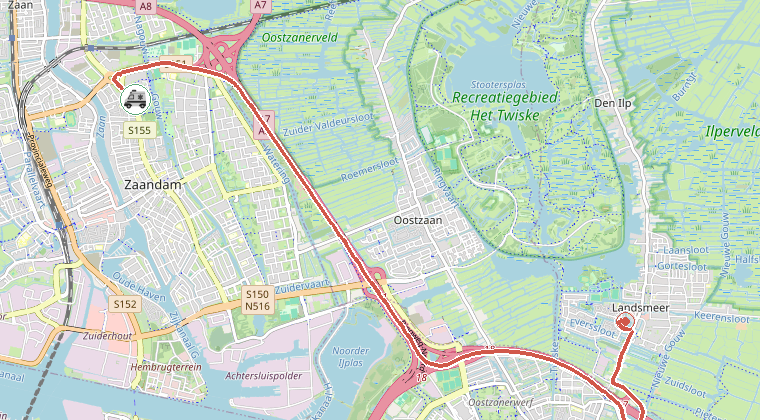 Kaart van de omgeving van de melding, met de kazerne die is gealarmeerd