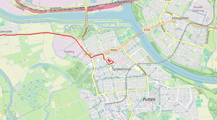 Kaart van de omgeving van de melding, met de kazerne die is gealarmeerd