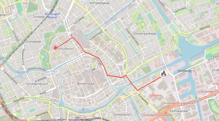 Kaart van de omgeving van de melding, met de kazerne die is gealarmeerd