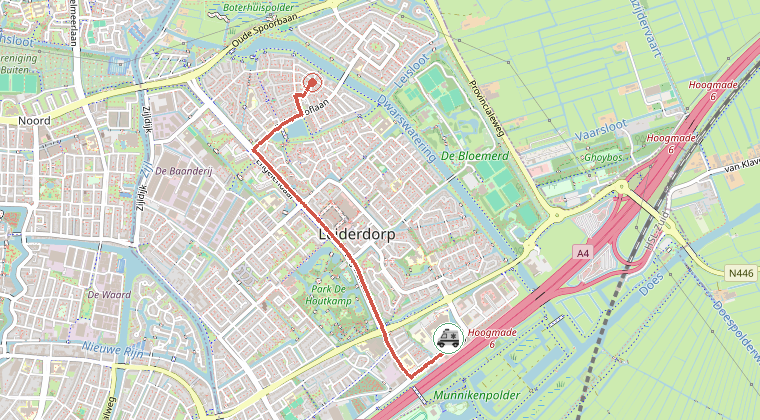 Kaart van de omgeving van de melding, met de kazerne die is gealarmeerd