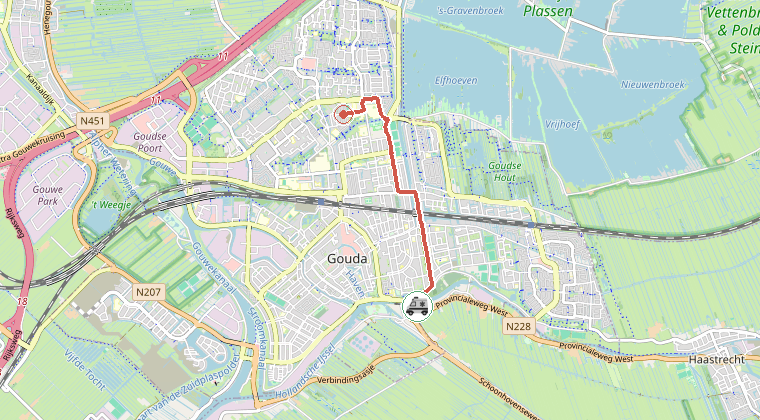 Kaart van de omgeving van de melding, met de kazerne die is gealarmeerd