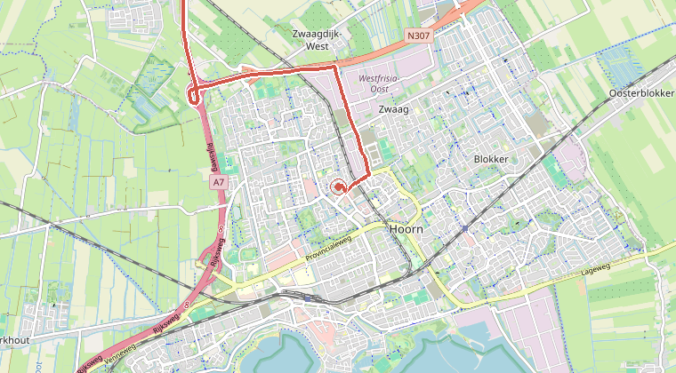 Kaart van de omgeving van de melding, met de kazerne die is gealarmeerd