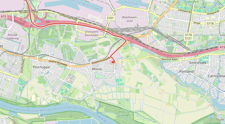 Kaart van de omgeving van de melding, met de kazerne die is gealarmeerd