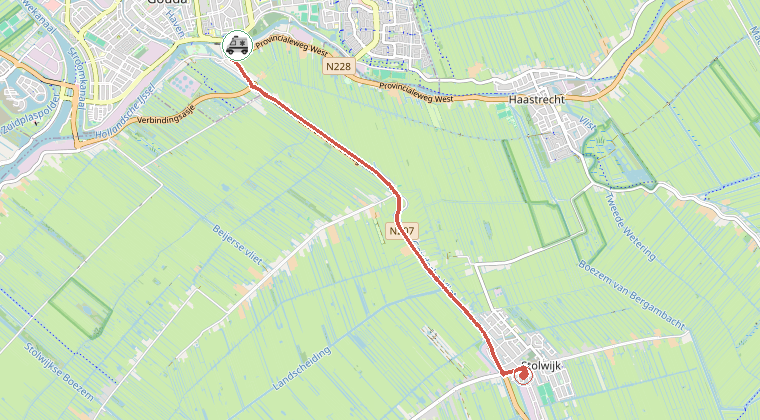 Kaart van de omgeving van de melding, met de kazerne die is gealarmeerd