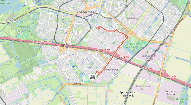 Kaart van de omgeving van de melding, met de kazerne die is gealarmeerd