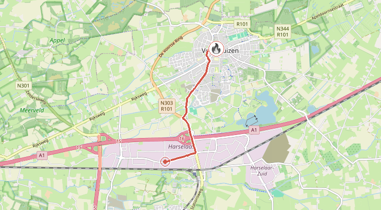 Kaart van de omgeving van de melding, met de kazerne die is gealarmeerd