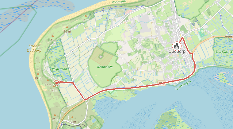 Kaart van de omgeving van de melding, met de kazerne die is gealarmeerd