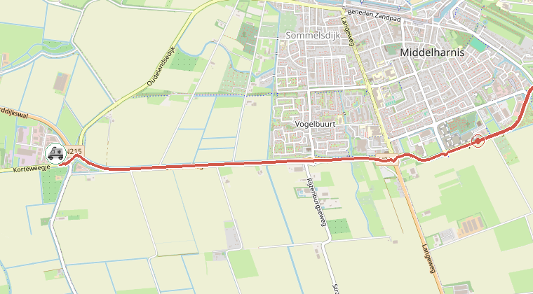 Kaart van de omgeving van de melding, met de kazerne die is gealarmeerd
