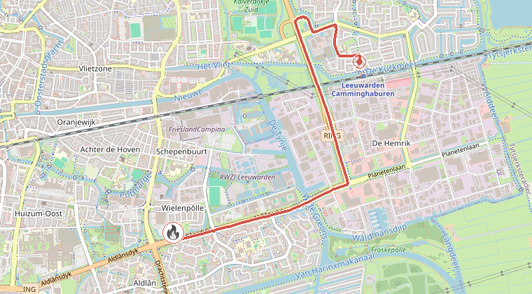 Kaart van de omgeving van de melding, met de kazerne die is gealarmeerd