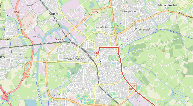 Kaart van de omgeving van de melding, met de kazerne die is gealarmeerd