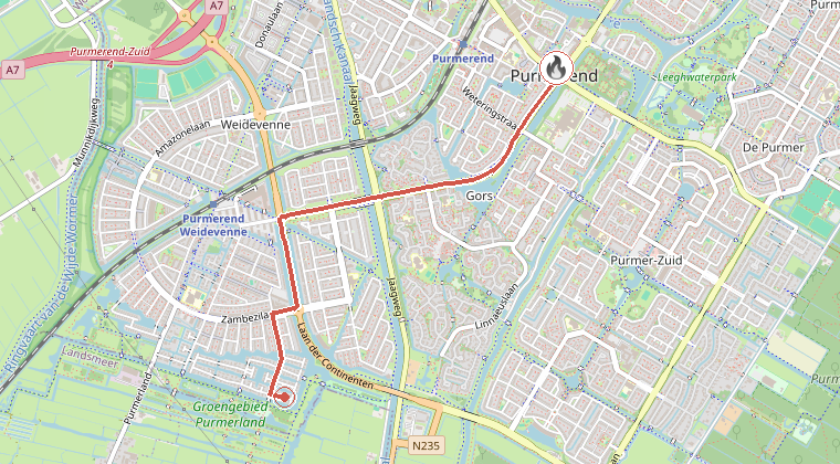 Kaart van de omgeving van de melding, met de kazerne die is gealarmeerd