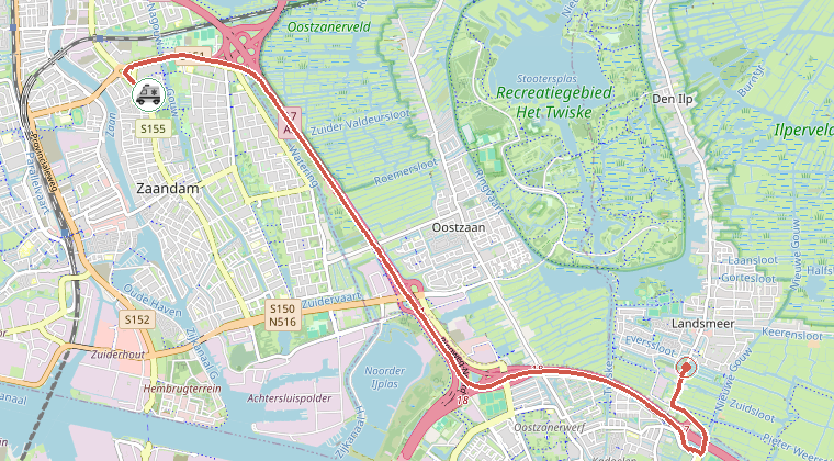 Kaart van de omgeving van de melding, met de kazerne die is gealarmeerd