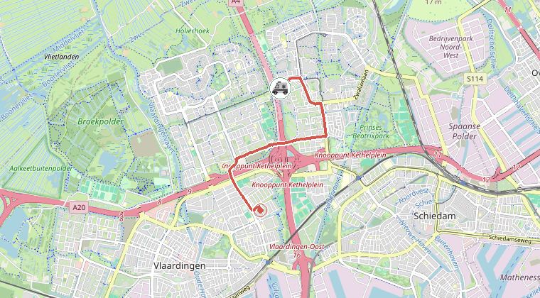 Kaart van de omgeving van de melding, met de kazerne die is gealarmeerd