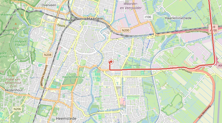 Kaart van de omgeving van de melding, met de kazerne die is gealarmeerd