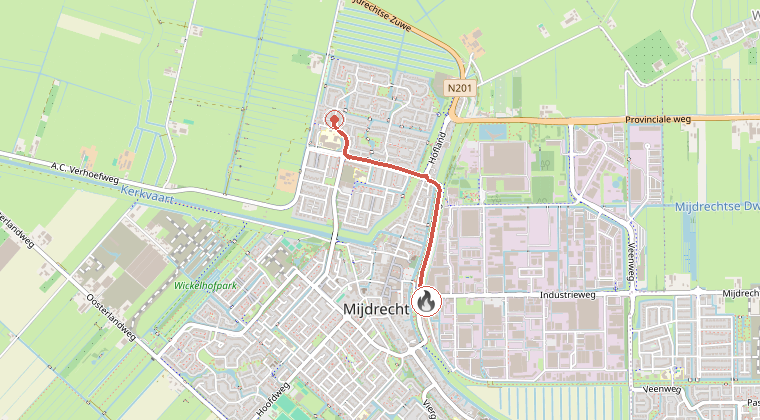 Kaart van de omgeving van de melding, met de kazerne die is gealarmeerd