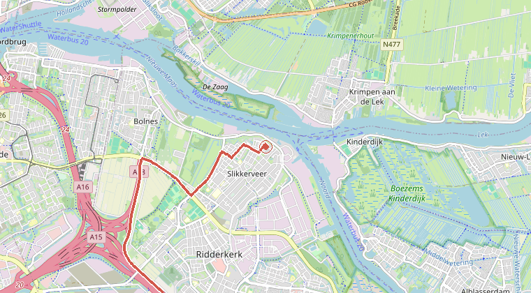 Kaart van de omgeving van de melding, met de kazerne die is gealarmeerd