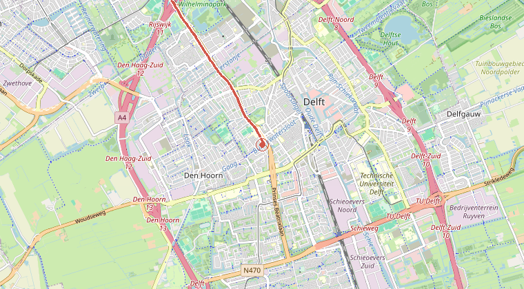 Kaart van de omgeving van de melding, met de kazerne die is gealarmeerd