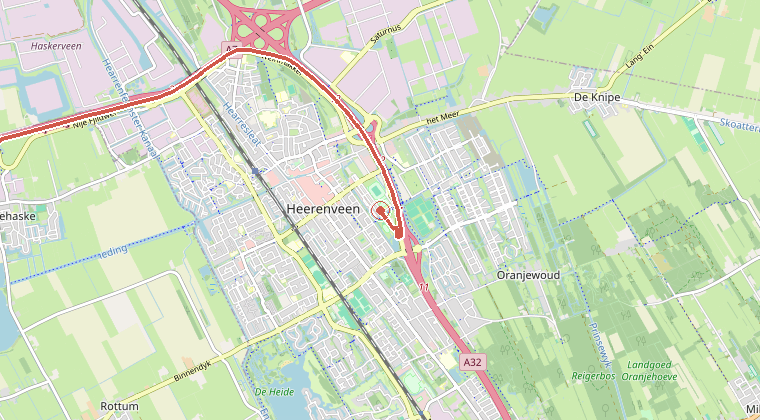Kaart van de omgeving van de melding, met de kazerne die is gealarmeerd