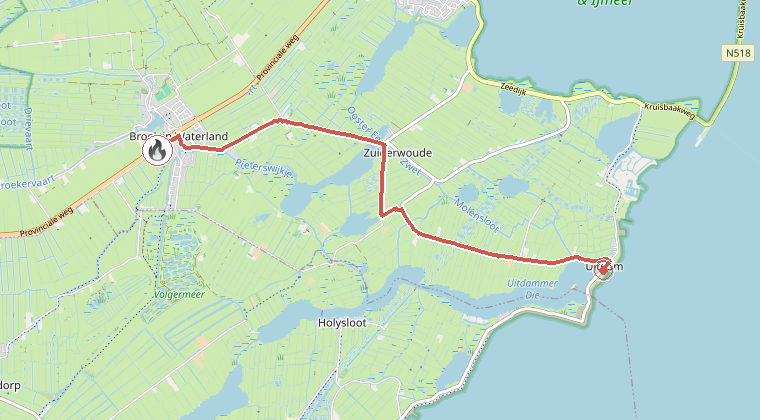 Kaart van de omgeving van de melding, met de kazerne die is gealarmeerd