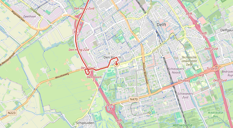 Kaart van de omgeving van de melding, met de kazerne die is gealarmeerd