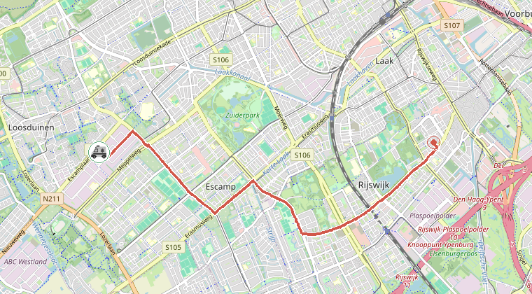 Kaart van de omgeving van de melding, met de kazerne die is gealarmeerd