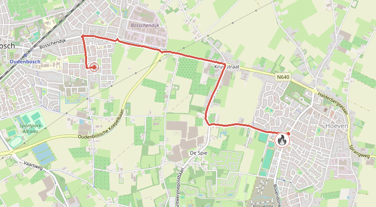 Kaart van de omgeving van de melding, met de kazerne die is gealarmeerd