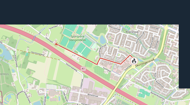 Kaart van de omgeving van de melding, met de kazerne die is gealarmeerd