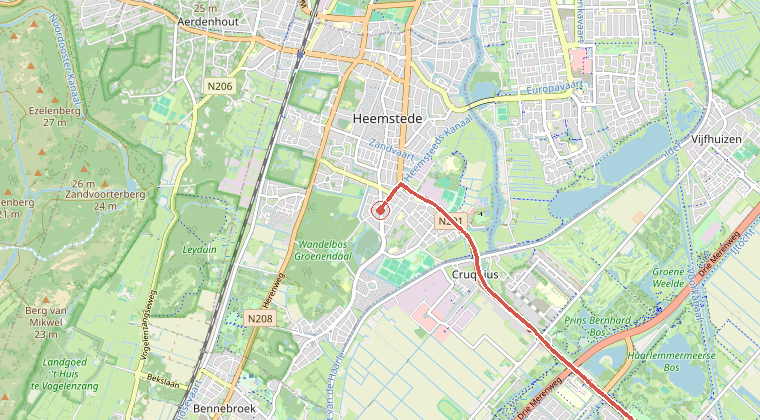 Kaart van de omgeving van de melding, met de kazerne die is gealarmeerd