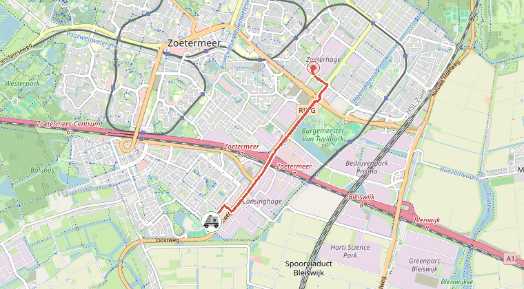 Kaart van de omgeving van de melding, met de kazerne die is gealarmeerd
